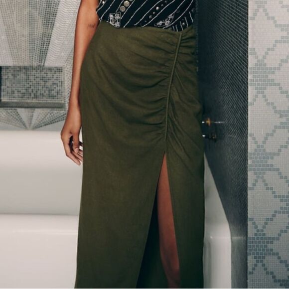 NWT Zara Ruched Linen Blend Midi Skirt - Picture 4 of 12